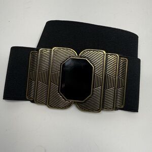 Vintage Another Line Art Deco Style Buckle Black Elastic Stretch Belt Sz S/M